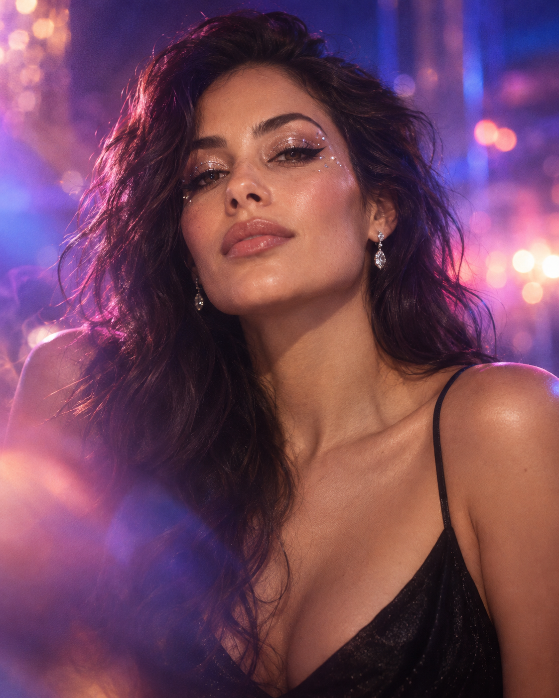 Adult beauty portrait in saturated cobalt and violet light with magenta rim light, glitter makeup and luminous bokeh